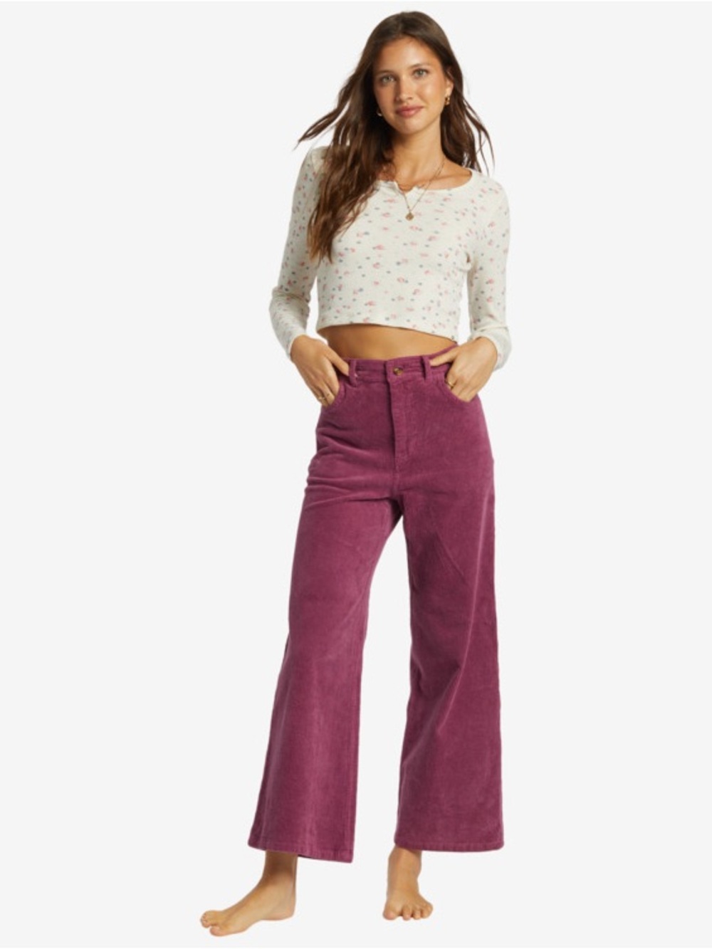 Billabong Be Free Wide Leg Corduroy Pants in Blackberry / Pink